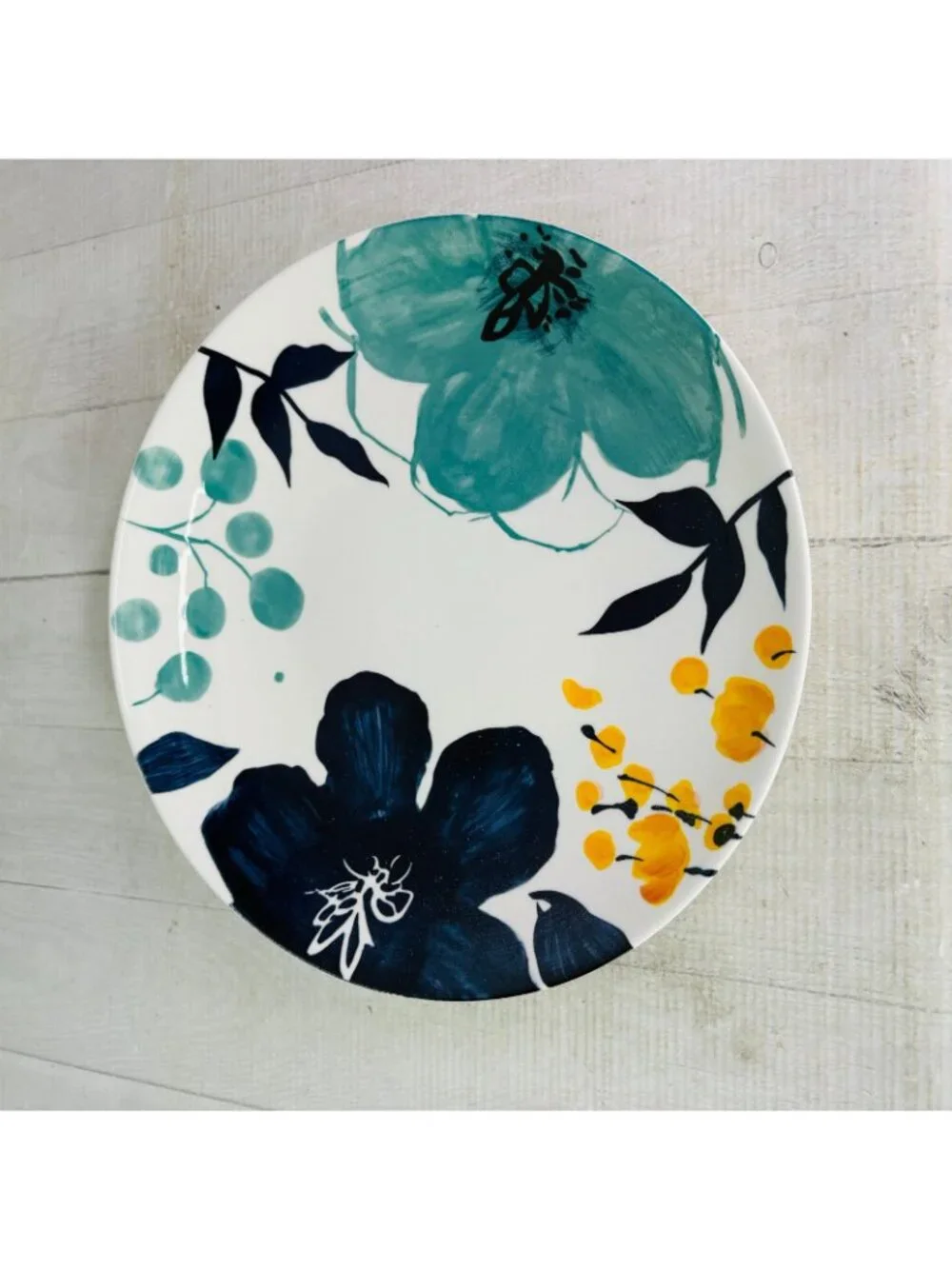 Baum Brothers BELLA FLORAL Indigo Turquoise Yellow Floral Dinner Plates Set of 4